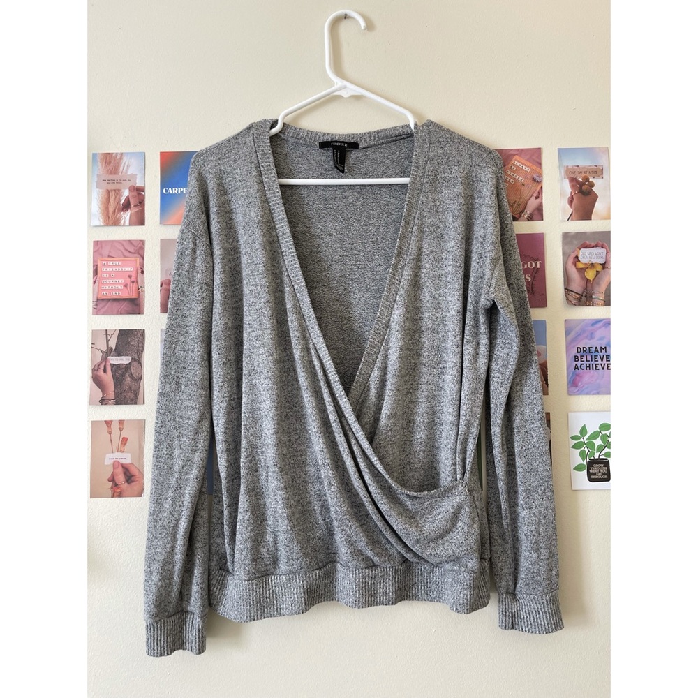 scoop neck, soft gray sweater